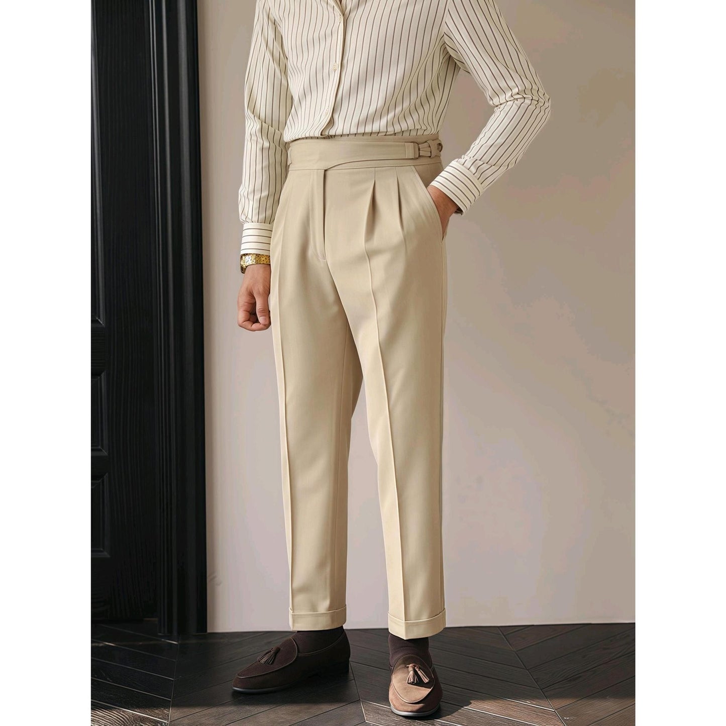 British Retro Business Casual Paris Buckle Suit Pants Men GlamzKart
