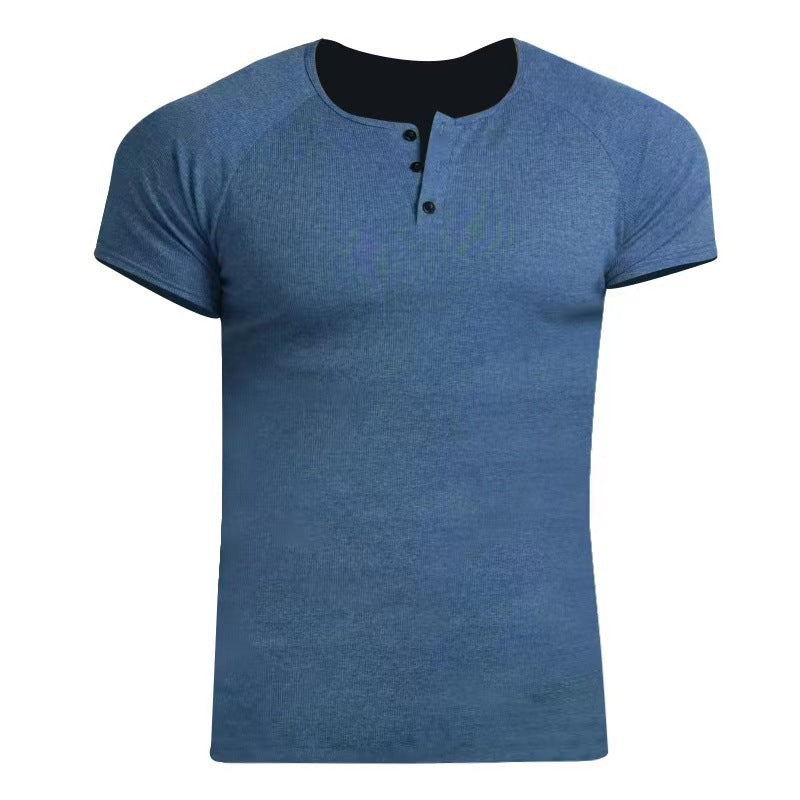 Solid Color Men's Retro Summer Short Sleeve Fitness Sea Blue GlamzKart