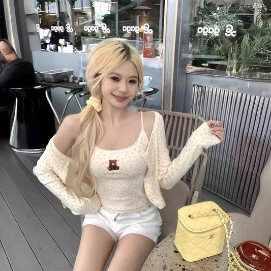 Cute Bear Printed Camisole Women's Lace Cardigan