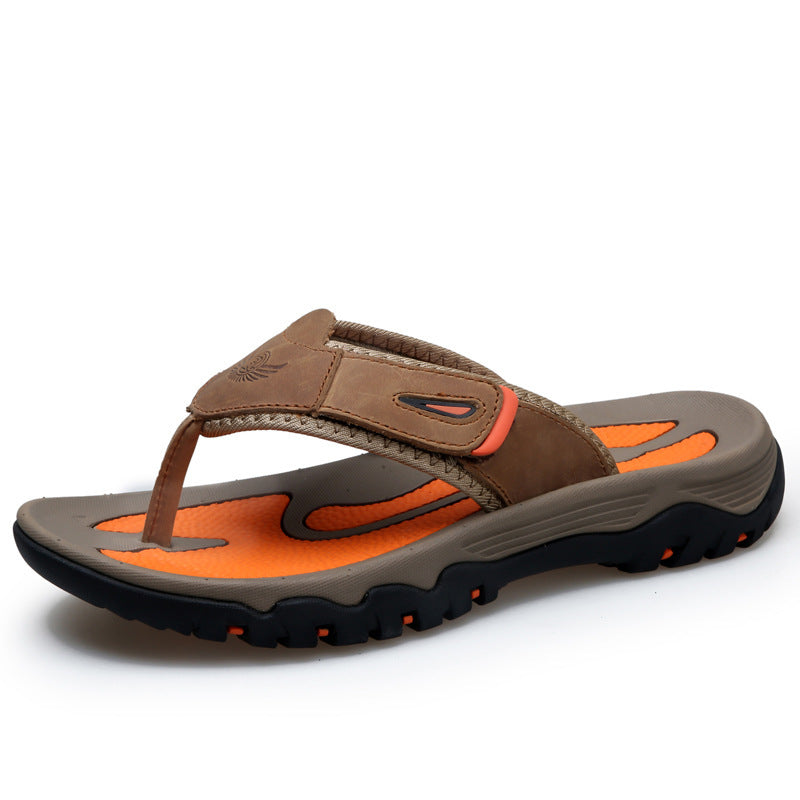 Large Dock Layer Cowhide Men's Flip-flops Brown GlamzKart