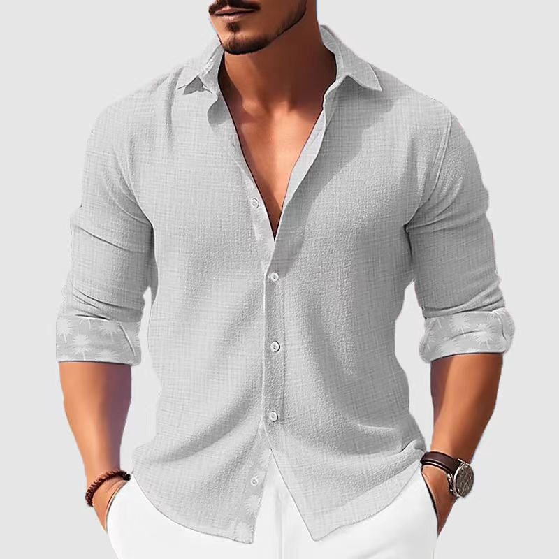 Printed Men's Clothing Fashion Long Sleeve Shirt Light Gray GlamzKart