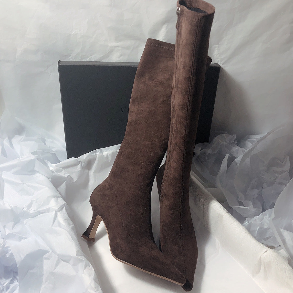 Women's Simple Side Zip High Heel Boots Light Brown GlamzKart