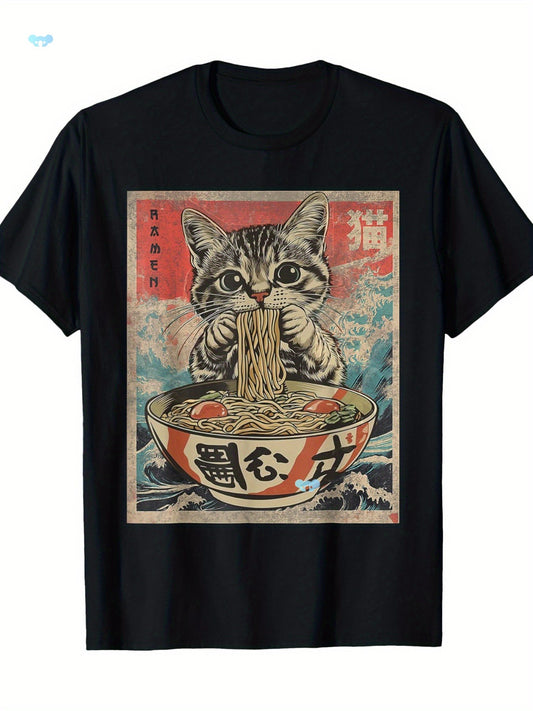 1pc Kawaii Cat Ramen Anime T Shirt For Men Fabric GlamzKart
