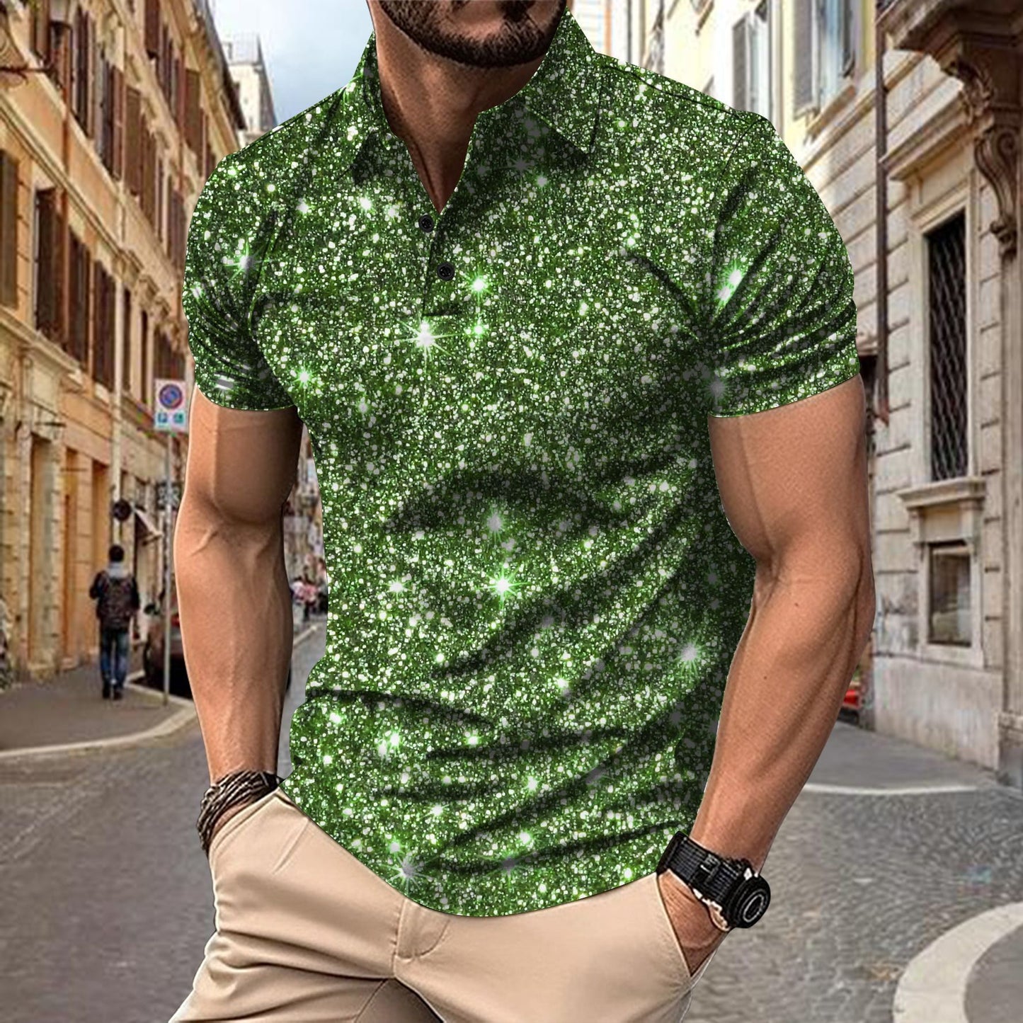 Polo Shirt Digital Printing Button Street Casual T-shirt Green GlamzKart