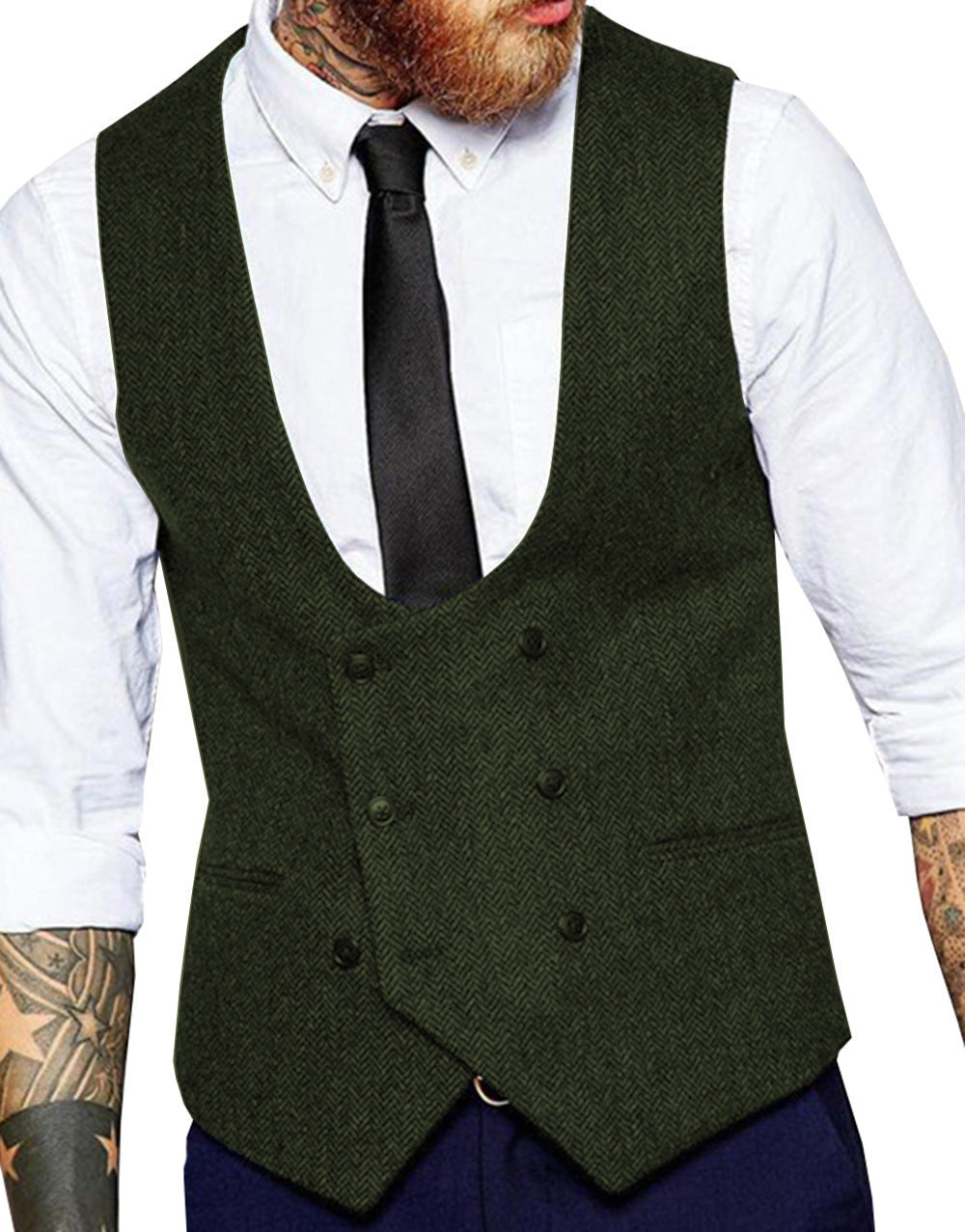Retro Casual Herringbone Pattern Men's Suit Vest Groom Groomsman Slim Fit Vest Army Green GlamzKart