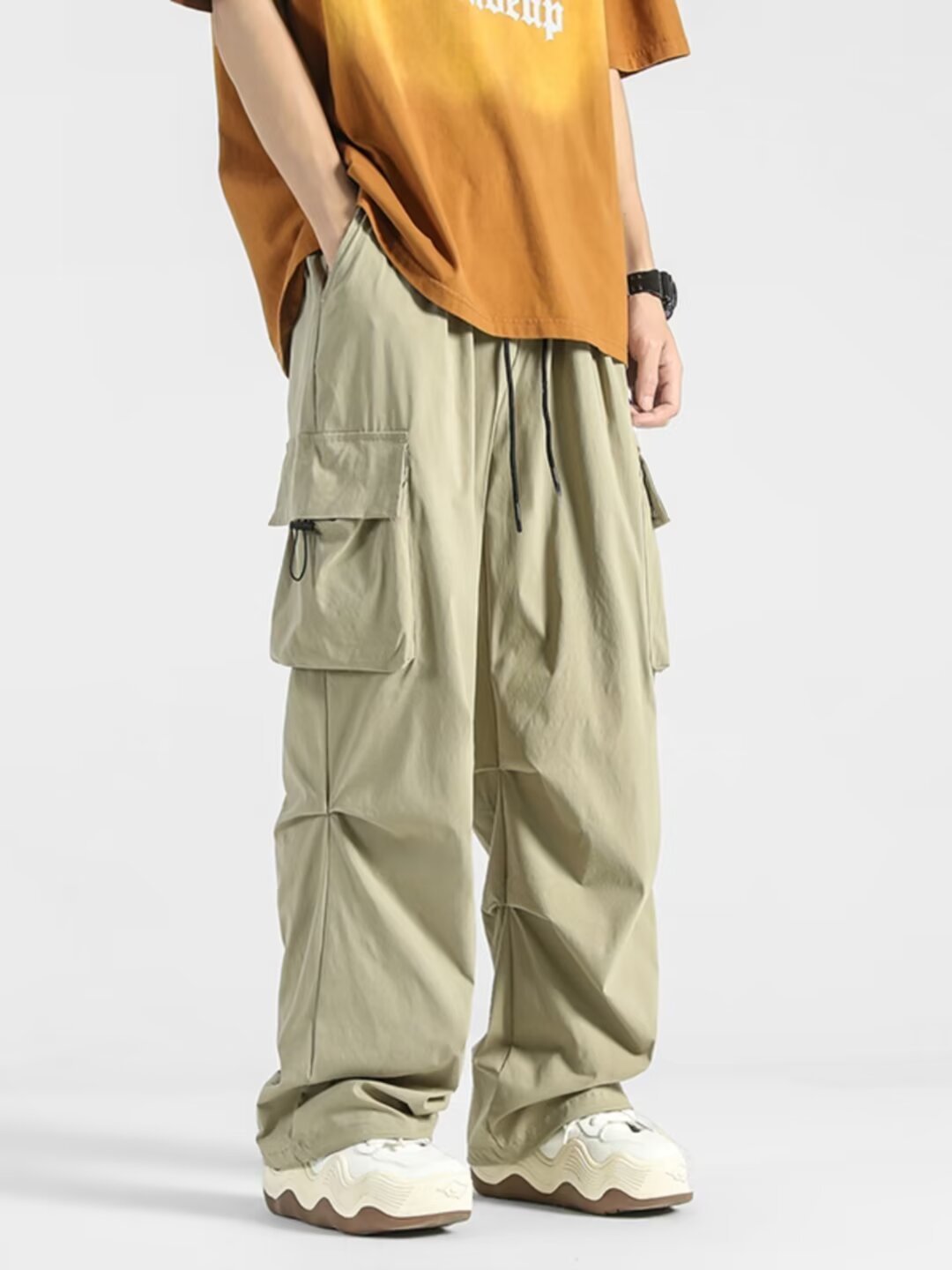 Straight Outdoor Loose Casual Trousers Men Khaki GlamzKart