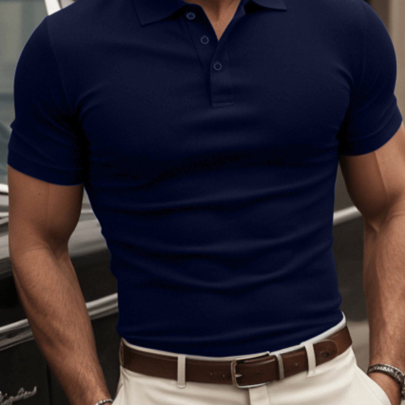 European And American Men's Fashion Short Sleeve Button Shirt NavyBlue GlamzKart