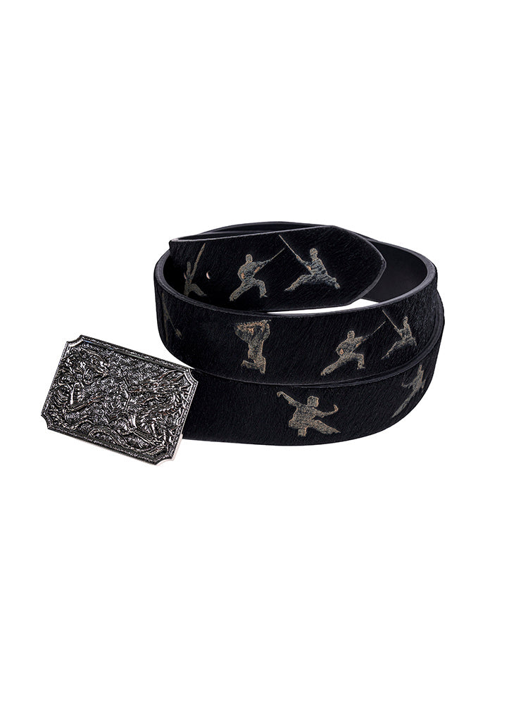 Character Horsehair Carving Double Dragon Metal Buckle Belt Black GlamzKart