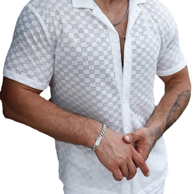 Men's Solid Color Lace Hollow Comfort Casual Shirt GlamzKart