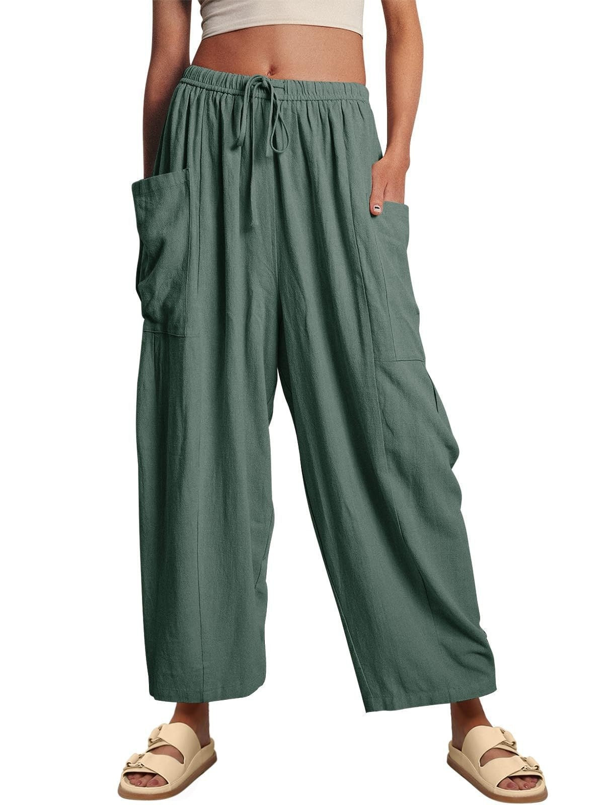 Elastic Pleated High Waist Cotton Linen Wide Leg Pants Green GlamzKart