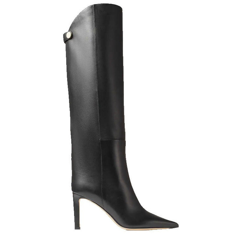 Simple European And American Style Fashion Catwalk Pointed-toe Stiletto Straight Boots Black Leather GlamzKart
