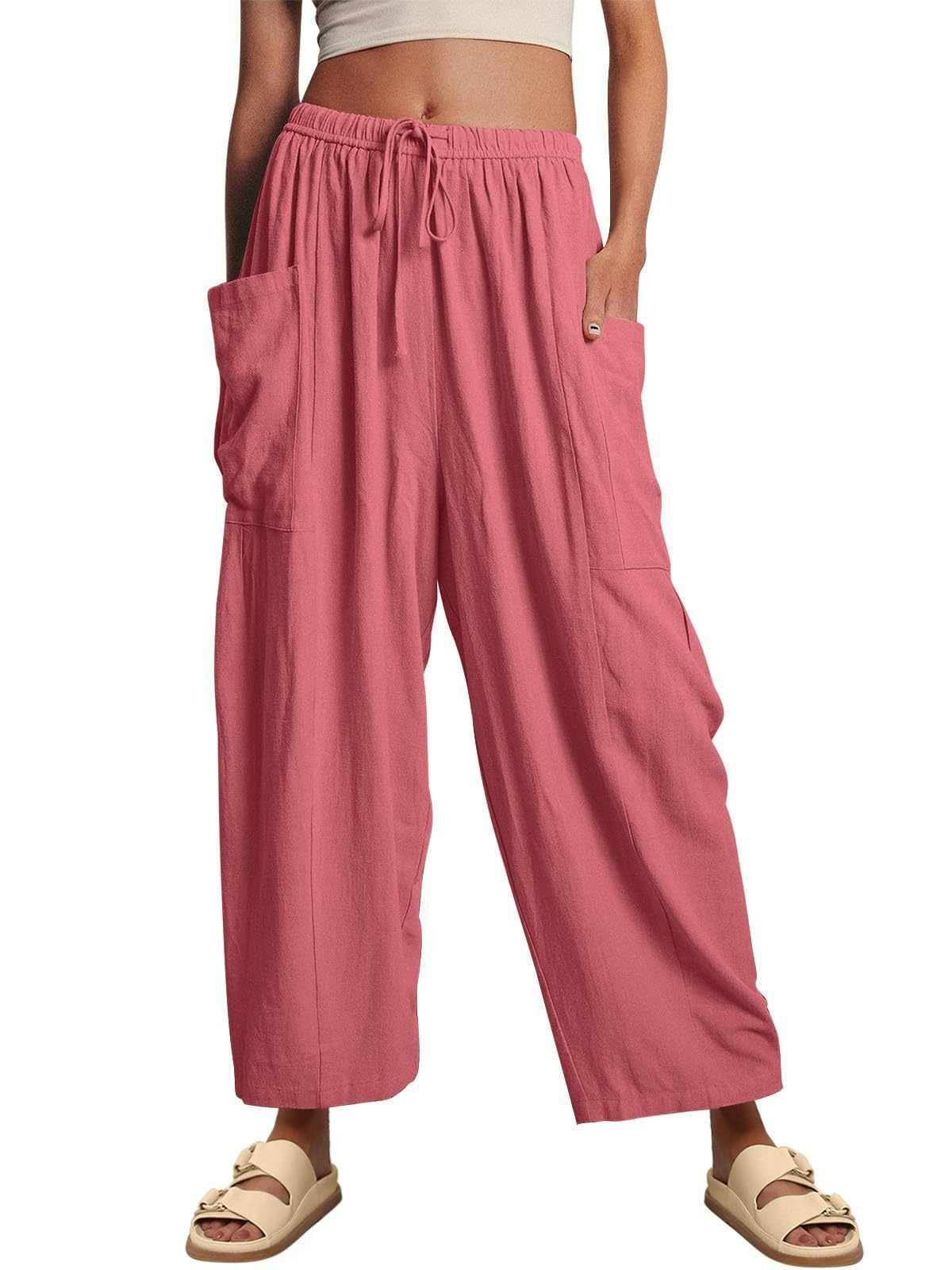 Stretched-waist Pleated High-waisted Wide-leg Loose Casual Cotton And Linen Long Pants Pink GlamzKart