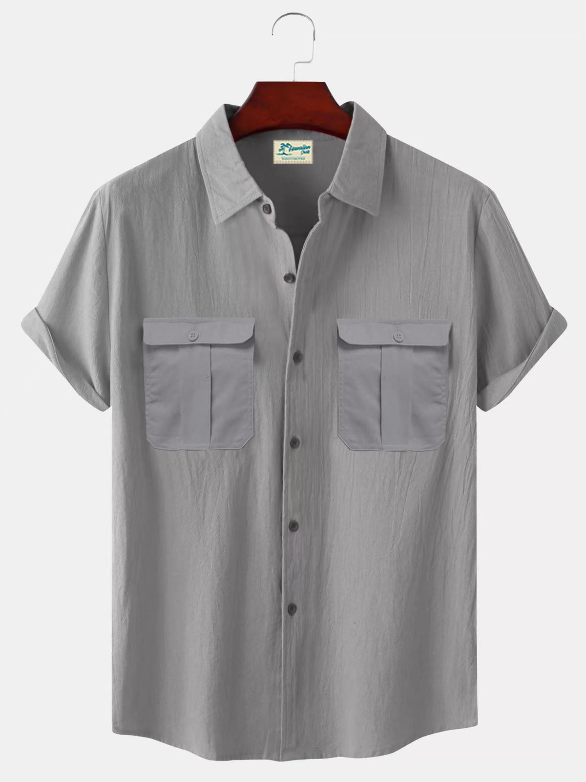 Solid Color Patchwork Linen Cardigan Short Sleeve Loose Lapels Men's Shirt Gray GlamzKart
