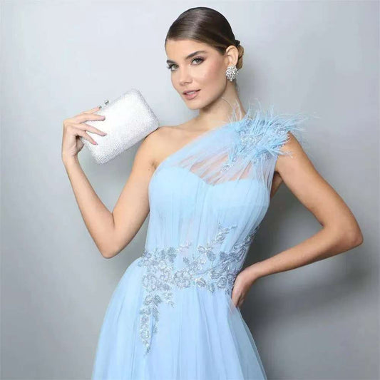 Blue One-shoulder Feather Wedding Dress GlamzKart