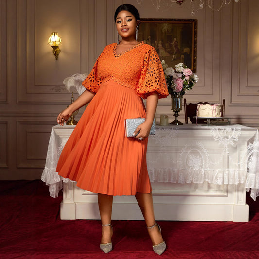 Lace Hollow Pattern Puff Sleeve V-neck Slimming A Swing Elegant Pleated Dress GlamzKart
