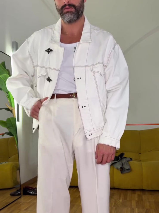 White Buttoned Long-sleeved Denim Jacket GlamzKart