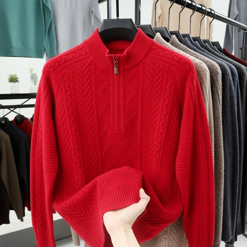 All Wool Men's Sweater Half Turtleneck Zipper Sweater Bright Red GlamzKart
