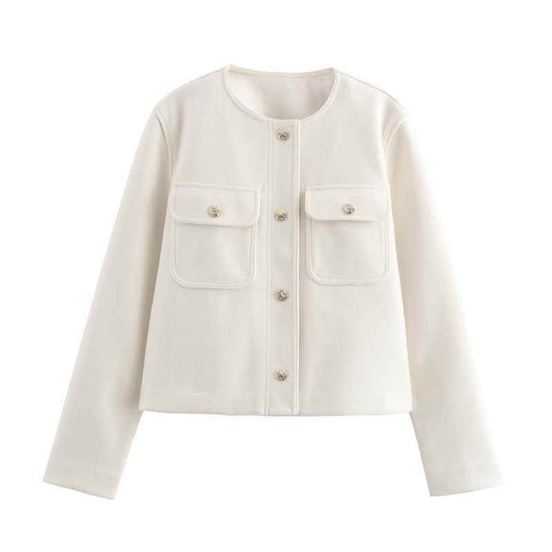 Temperament Crew Neck Long Sleeve Pocket Decorative Jacket Coat