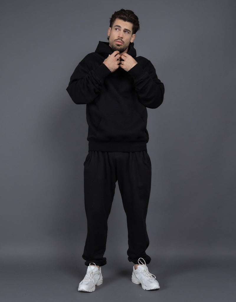 Men's Casual Loose Solid Color Hooded Sweatshirt Pants Black GlamzKart