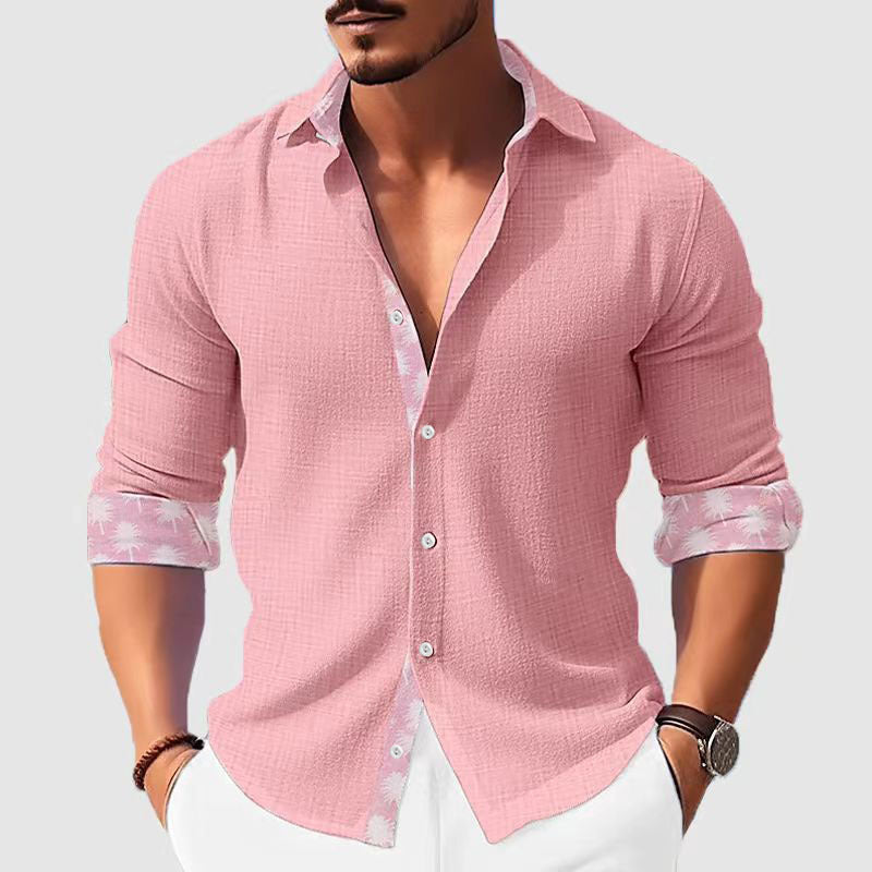 Printed Men's Clothing Fashion Long Sleeve Shirt Pink GlamzKart