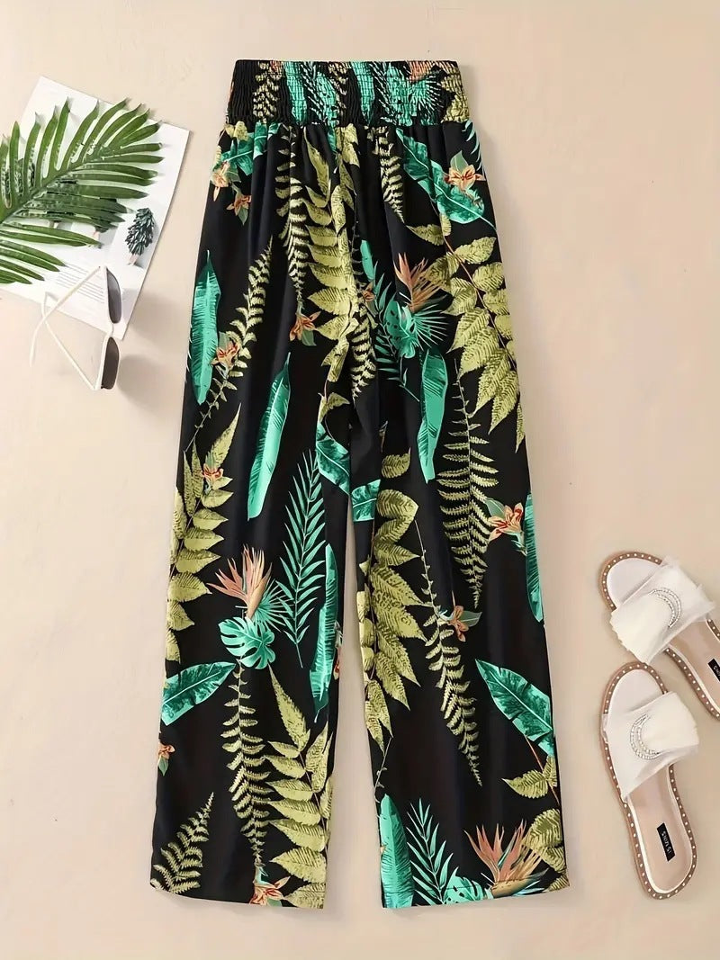 Casual Flower Pants Spring And Summer Thin High Waist Slimming Ice Silk Elastic Floral Straight Green GlamzKart