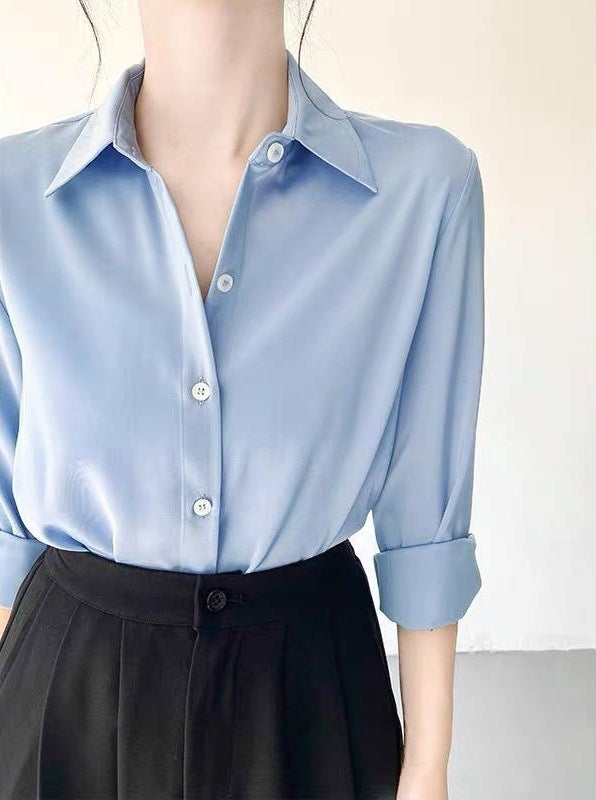 Women's High-grade Green Satin Shirt Lake Blue GlamzKart