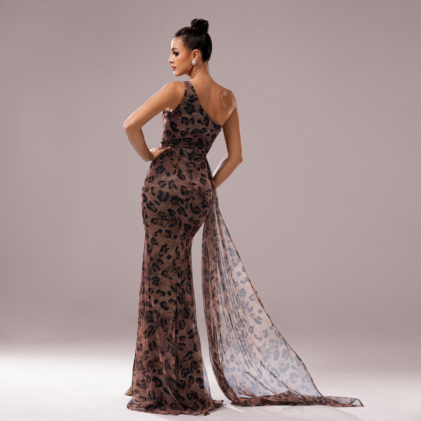 One-shoulder Diagonal Collar Leopard Sequined Evening Dress GlamzKart