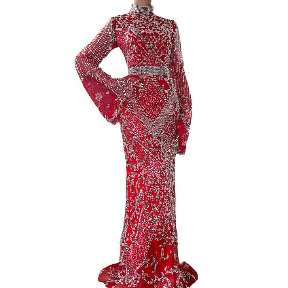 Red High Collar Fishtail Evening Long Dress GlamzKart