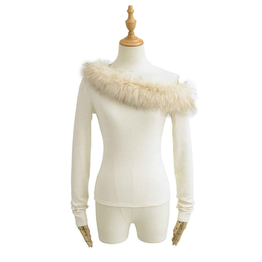 Fur Collar Beveled Off-shoulder Long Sleeve Stretch Thread Sunken Stripe Slim Top