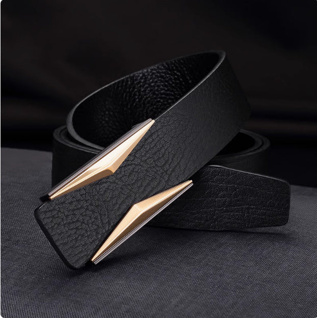 Simple And Elegant Belt Men's Middle-aged Korean Style Smooth Buckle Black Gold Buckle GlamzKart