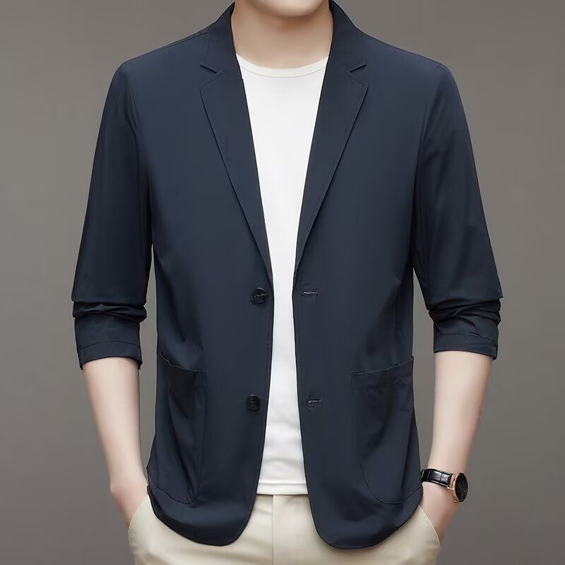 Ice Silk Men's Lightweight Casual Stretch Suit Navy Blue GlamzKart