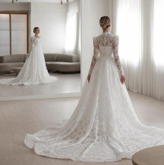 Embroidered Long Sleeve Trailing Wedding Dress GlamzKart
