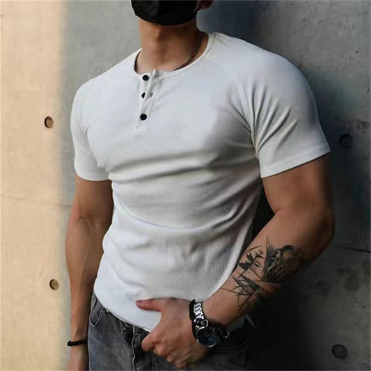 Solid Color Men's Retro Summer Short Sleeve Fitness GlamzKart