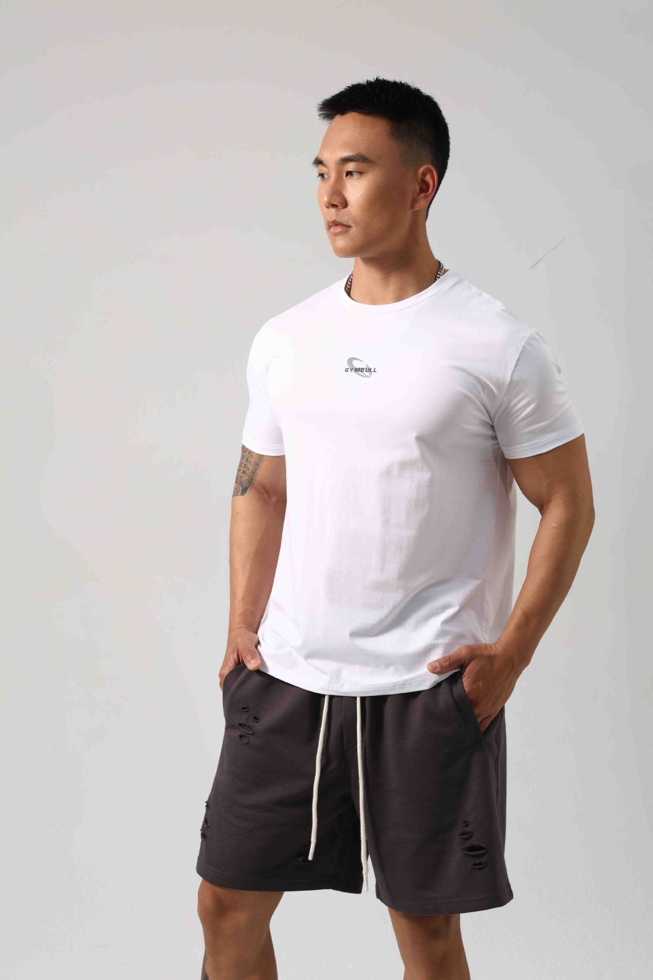 Men's Short Sleeve New Small Neckline Show Muscle Sports Fitness Short Sleeve Printed G81 White GlamzKart