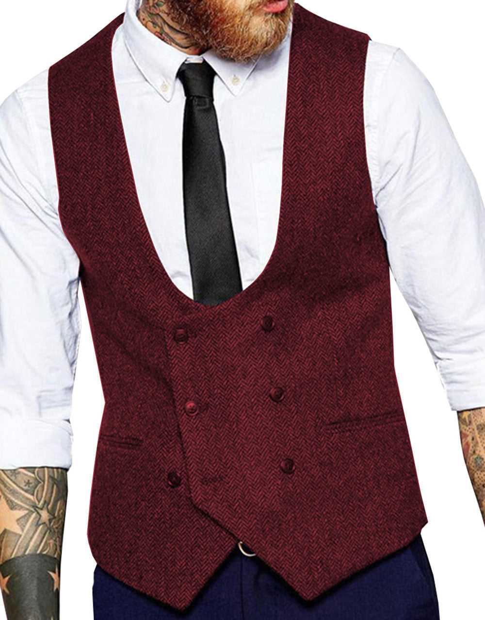 Retro Casual Herringbone Pattern Men's Suit Vest Groom Groomsman Slim Fit Vest Purplish Red GlamzKart