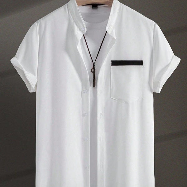 Summer New Men's Color Matching Fashion Short Sleeve Shirt White GlamzKart