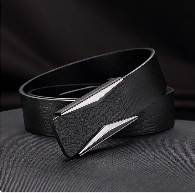Simple And Elegant Belt Men's Middle-aged Korean Style Smooth Buckle Black Leather Silver Buckle GlamzKart