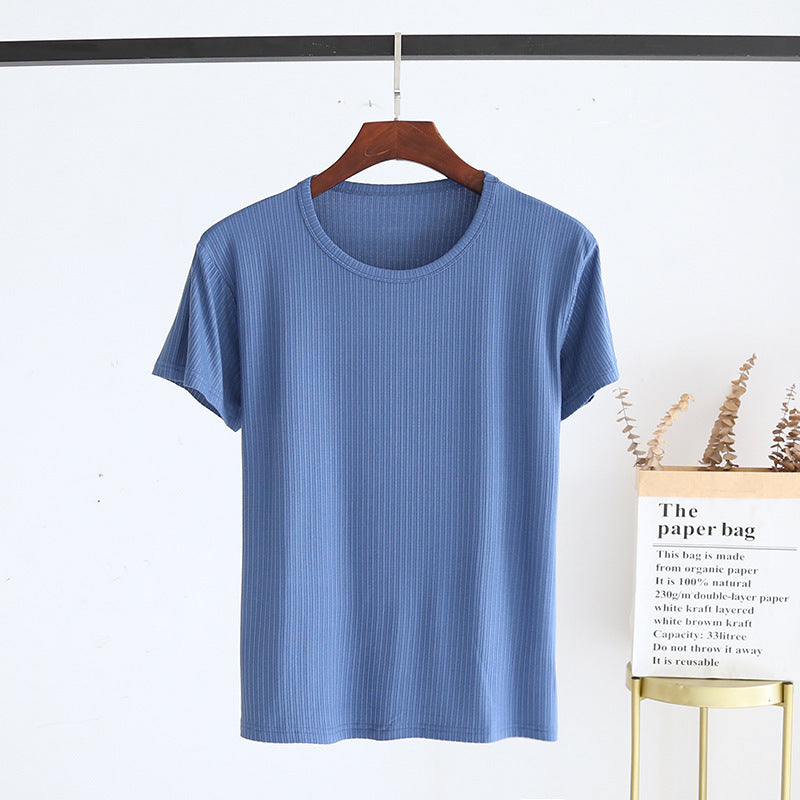 Men's Summer Jacquard Modal Outerwear T-shirt Pajamas Solid Color Sweat-absorbent Cool Breathable Fabric Round Collar Blue GlamzKart