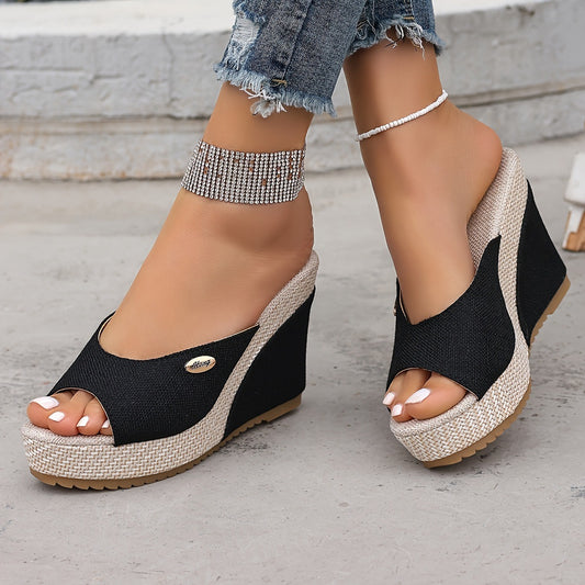 Women's Black Wedge Sandals With Buckle Details, Stylish And Generous GlamzKart