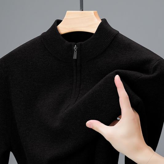 Men's Half-high Collar Zipper Sweater Middle-aged Men's Thickened Keep Warm Pure Color Sweater GlamzKart