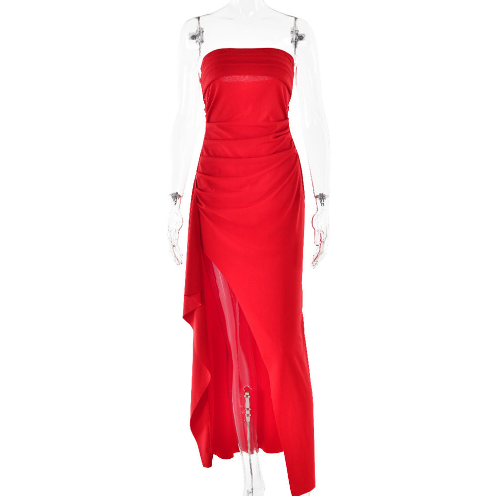 Evening Gown Women's One Neck Strapless Dress Fashionable And Sexy Backless High Slit Long Dress Red GlamzKart