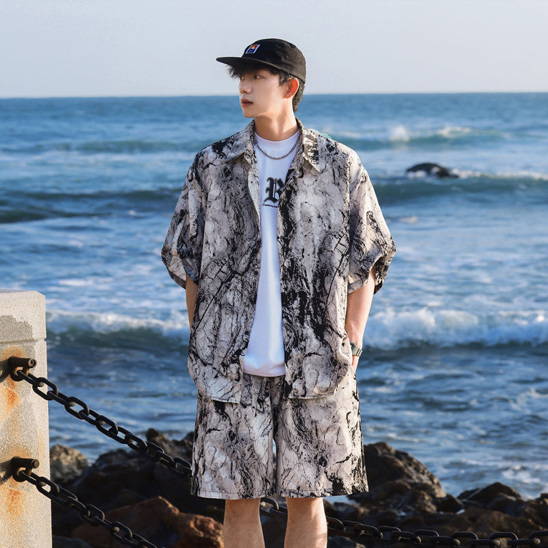 Ice Silk Tie-dye Sports Suit Men's Short-sleeve Shirt Beach Shorts Two-piece Set 286 Suit GlamzKart