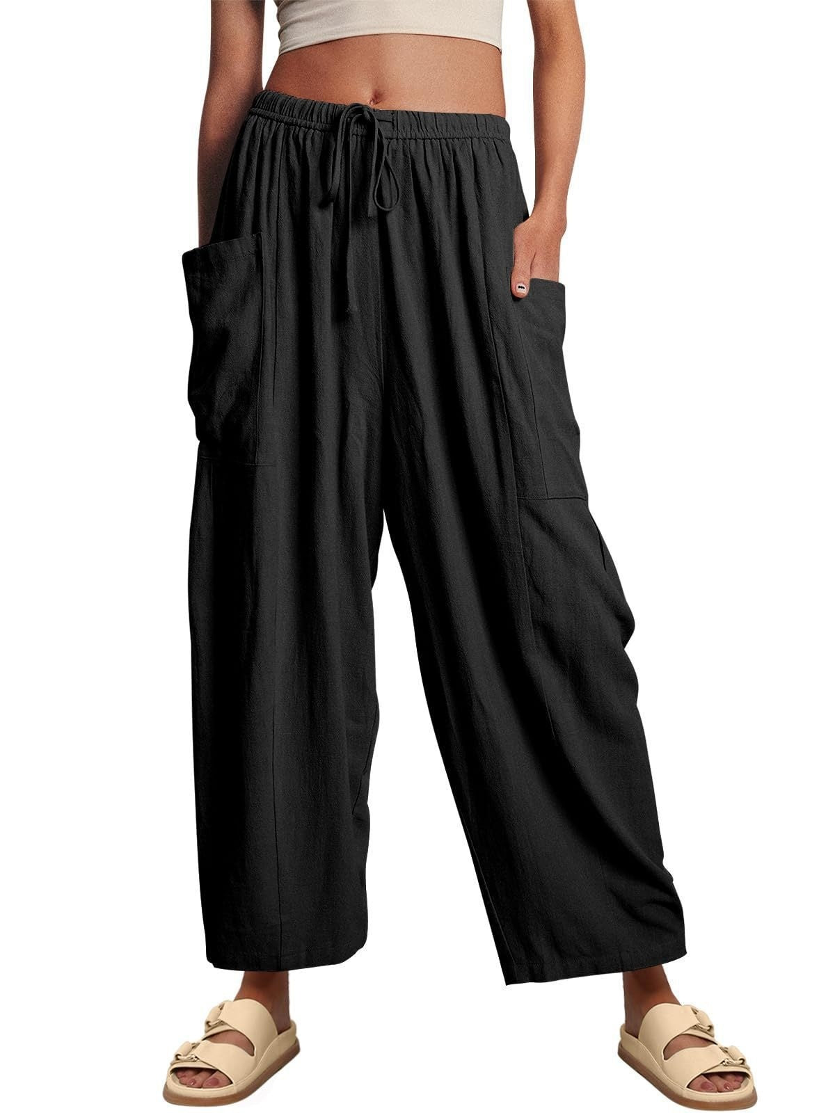 Stretched-waist Pleated High-waisted Wide-leg Loose Casual Cotton And Linen Long Pants Black GlamzKart