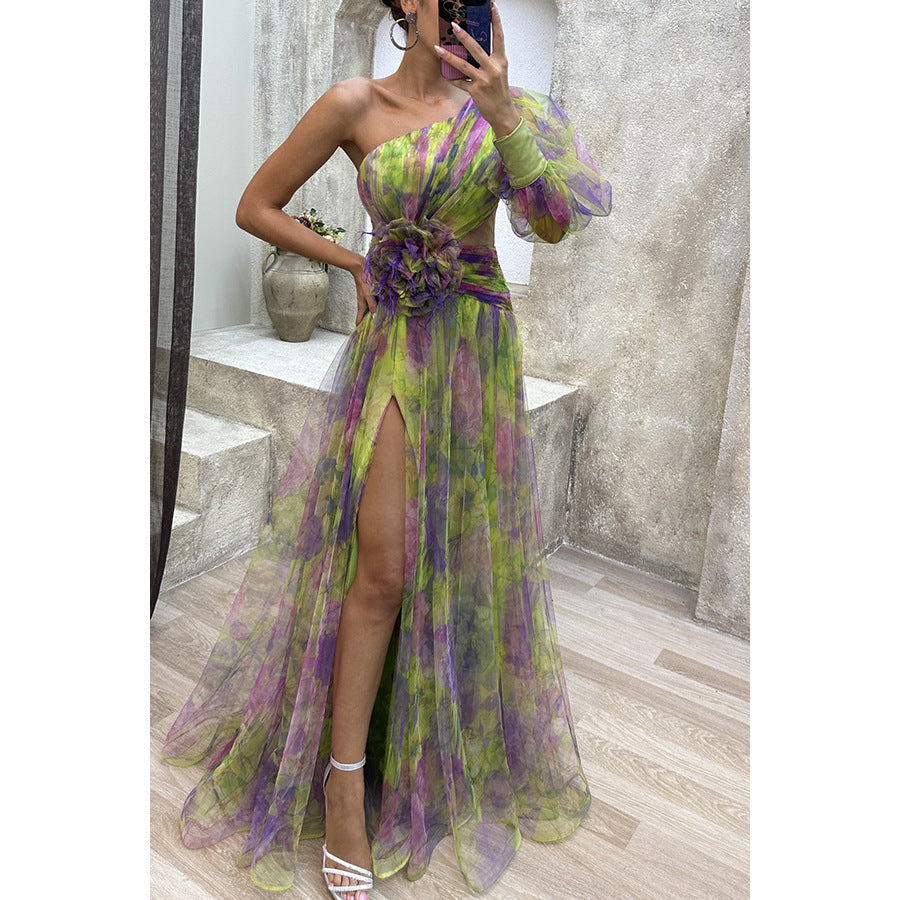 New Party Mesh Slanted Shoulder Dress INS Casual And Fashionable Women's Long Skirt GlamzKart