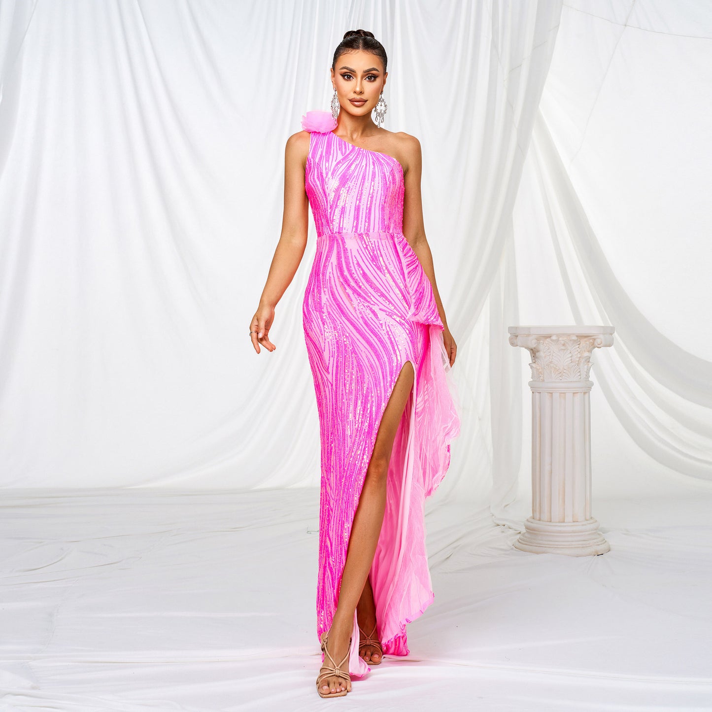 One-shoulder Diagonal Collar Sequined Slit Evening Dress GlamzKart