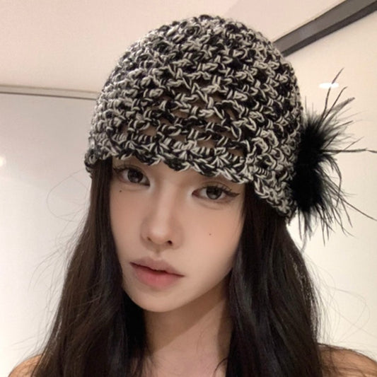 French Retro Black Feather Hand-woven Knitted Hat GlamzKart