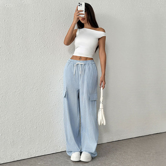 Women's Casual Elastic Striped Pocket Trousers GlamzKart