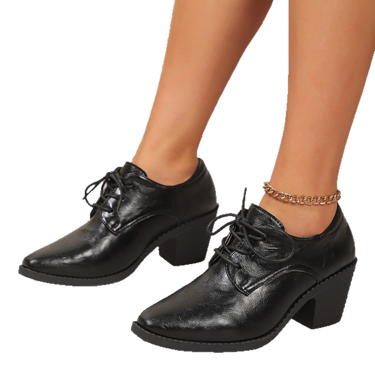 Pointed British Style High Heel Chunky Heel Front Lace-up Low-top Leather Shoes GlamzKart