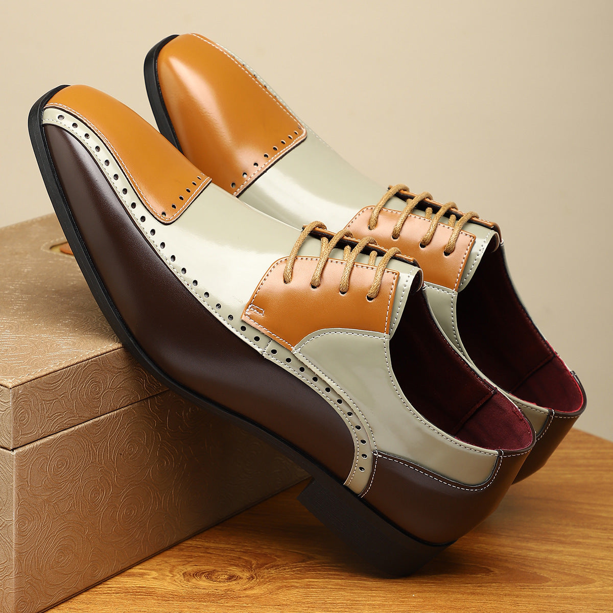 Men's Trendy Non-slip Breathable Leather Shoes Color Matching Business GlamzKart