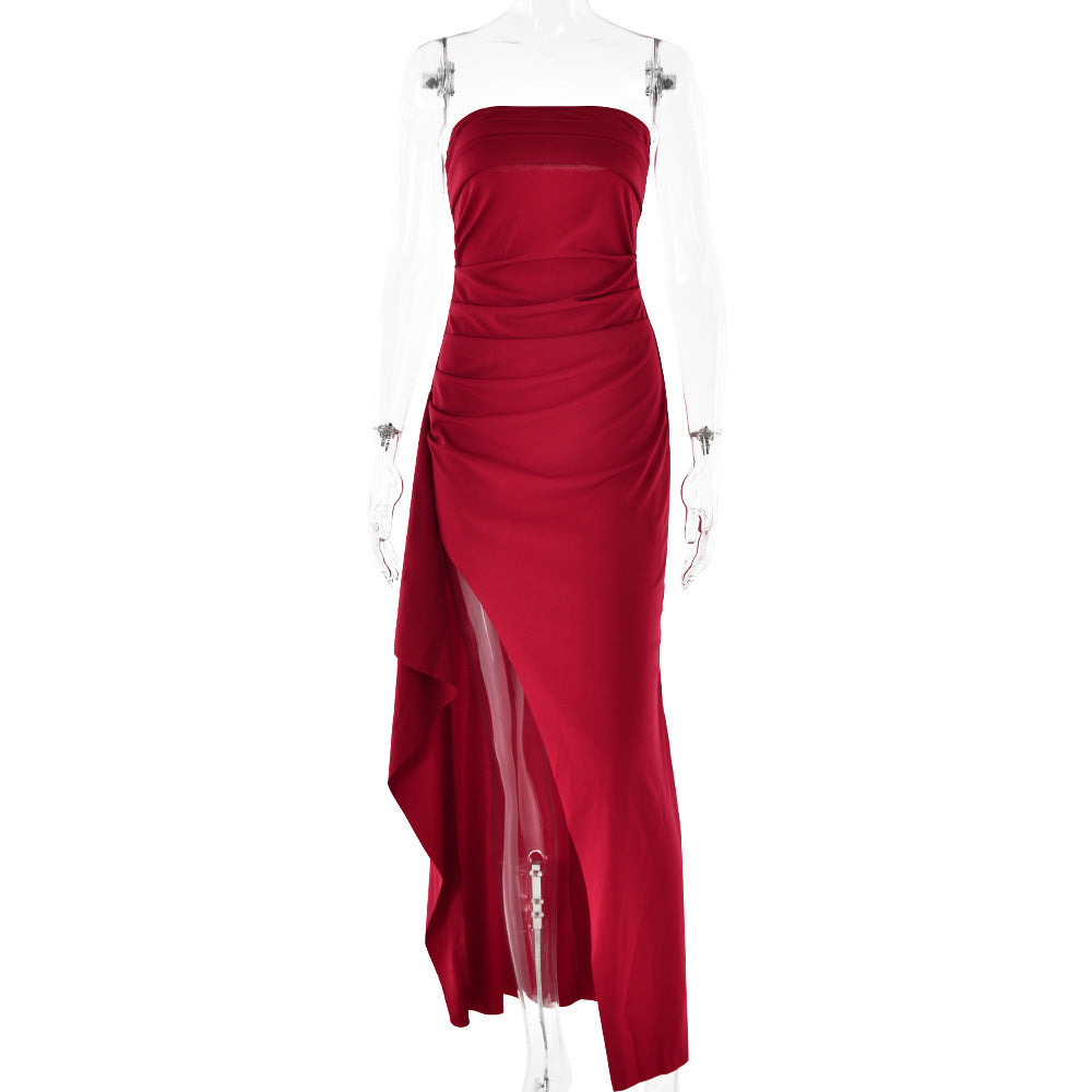Evening Gown Women's One Neck Strapless Dress Fashionable And Sexy Backless High Slit Long Dress Wine red GlamzKart
